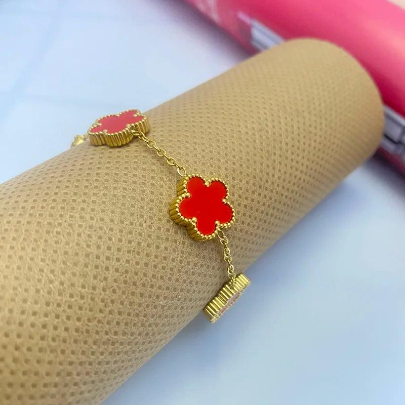 Double Sided Clover Bracelet for Women 14K Gold Plated Stainless Steel Lucky Five Leaf Link Bracelets Wrist Jewelry Lovely Gift