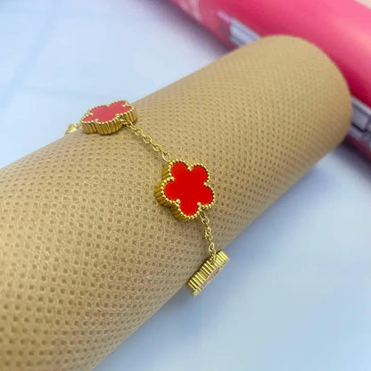 Double Sided Clover Bracelet for Women 14K Gold Plated Stainless Steel Lucky Five Leaf Link Bracelets Wrist Jewelry Lovely Gift