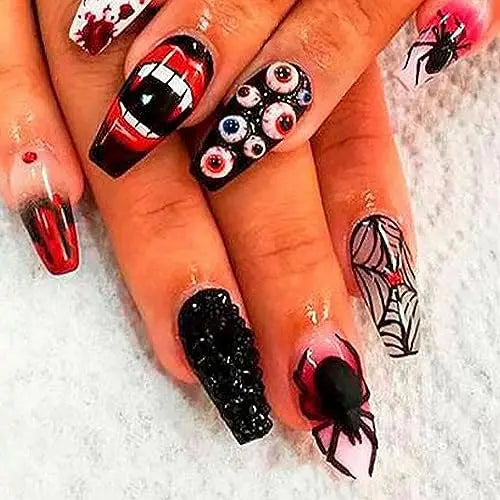 Halloween Long Coffin Spider Web Full Cover Fake Nails Nightmare Before Christmas Black Blood Stick Fake Nails for Women Men