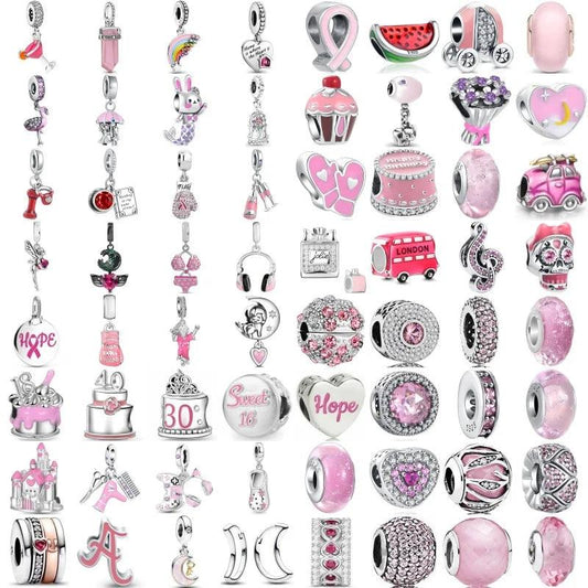 New 925 Sterling Silver Plated Pink Series Spacer Double Pendant Bead Fit Original European Charms Bracelet Jewerly Accessories