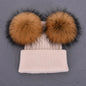 Double Real Raccoon Fur Pompom Hat Women Winter Caps Knitted Wool Hats Skullies Beanies Girls Female Two Fur Pom Pom Beanie Hat