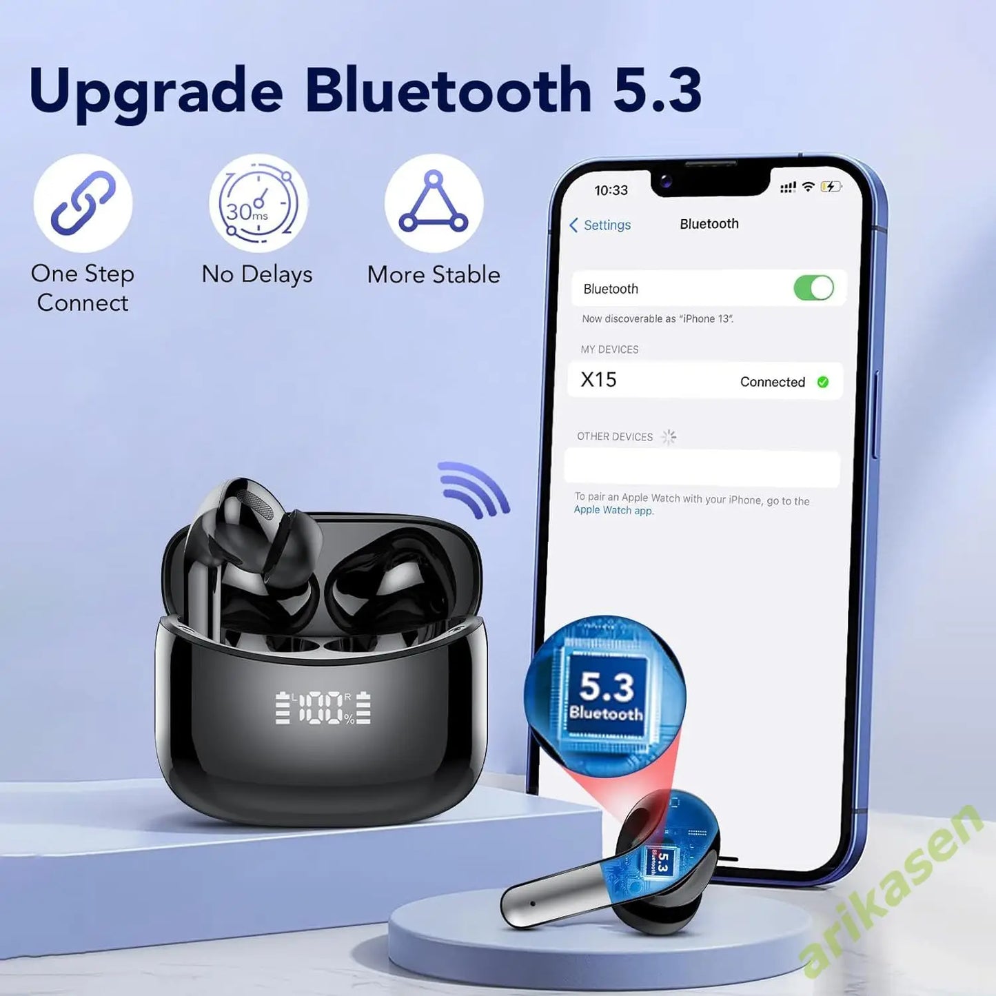 Wireless Bluetooth Earbuds Headphones 52 Hrs Playtime IPX7 Waterproof 4 Mic Call Noise Cancelling with LED Display Charging Case