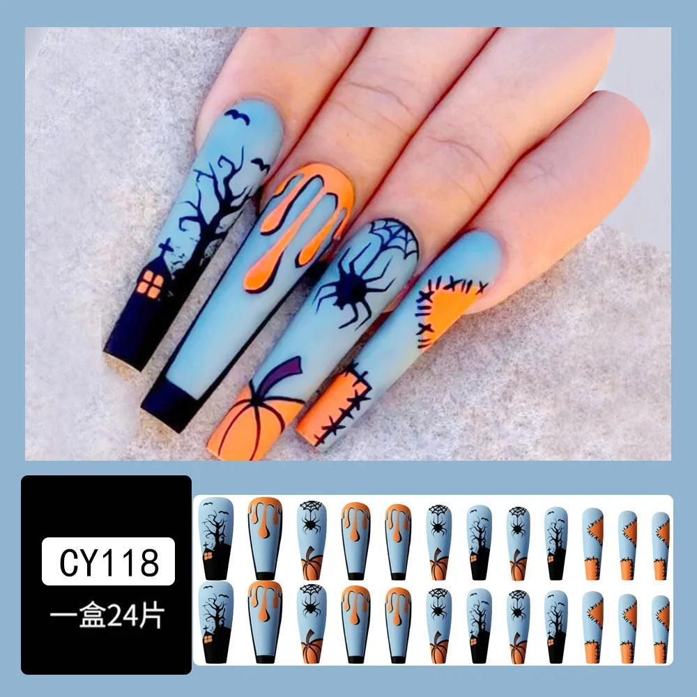 24pc/set Fashion Almond Press On Nails Art Halloween Black Ghost Design Fake Nail Pumpkin Castle Pattern Glossy False Nails Tips