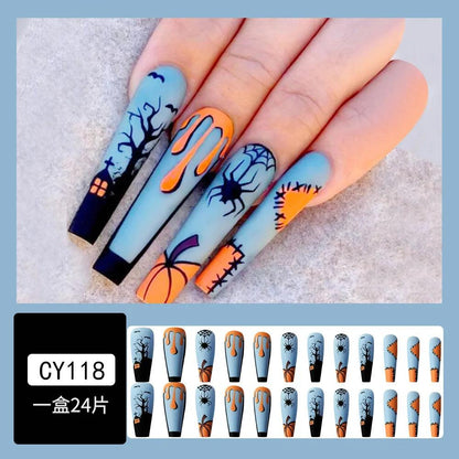 24pc/set Fashion Almond Press On Nails Art Halloween Black Ghost Design Fake Nail Pumpkin Castle Pattern Glossy False Nails Tips