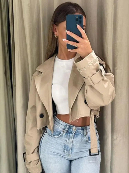 TRAF 2024 Belt Cropped Trench Spring Jacket Women Vintage Streetwear Double Breasted Long Sleeve Top Female Coat Outfits