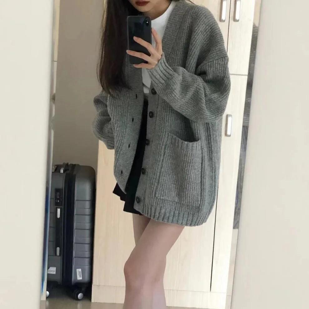 V-neck Single Breasted Sweater Cardigan Women's Coat Spring Autumn Korean Loose Knit Top Women Clothing