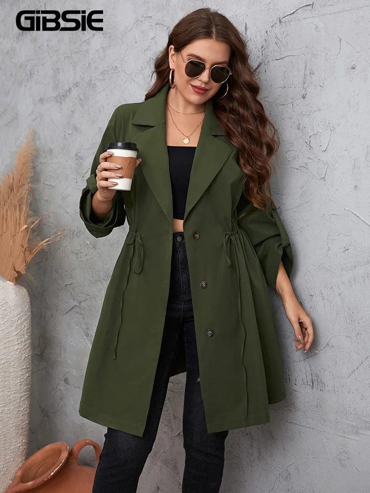 GIBSIE Plus Size Solid Notched Neck Trench Coat For Women 2023 Spring Fall Casual Drawstring Waist Female Buttons Long Coats