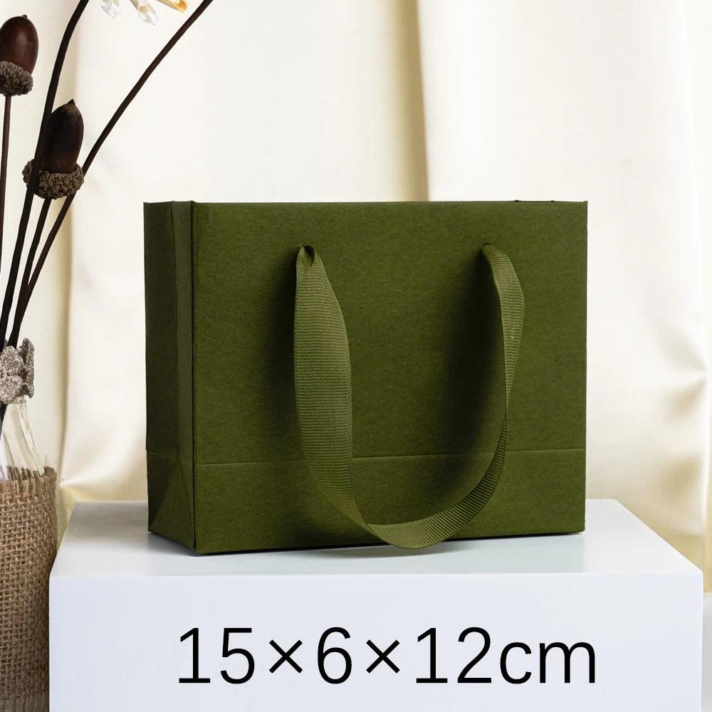 24Pcs Bulk Handmade Moss Green Paper Tote Bag Small Size Custom Logo Paper Packaging Bag with Handle for Beach Shopping Wedding