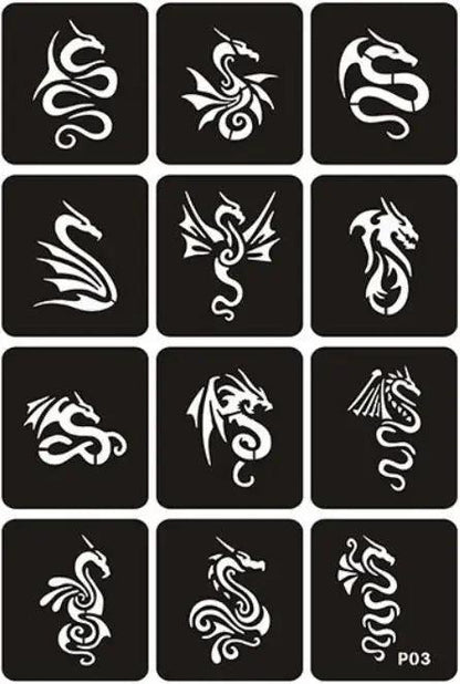 Reusable Glitter Tattoo Stencils Unicorn Dragon Butterfly Henna Airbrush Stencils for Finger Hands Arm Diy Body Art Women Men