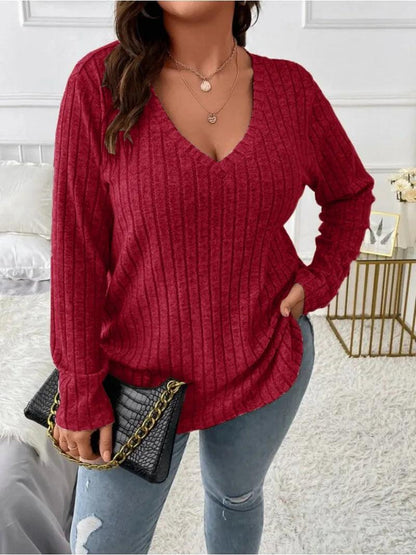 Women's Fashionable Solid Color Top V-neck Long Sleeved Pit Stripe Matte T-shirt Loose Fitting Fitting