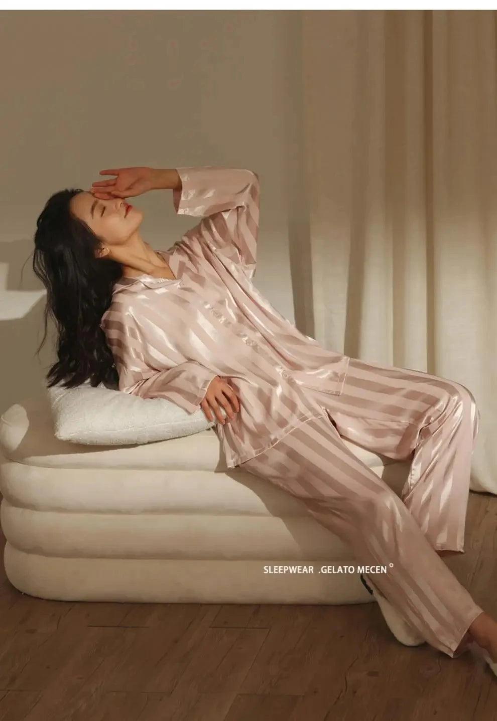 High Quality Light Luxury Ice Silk Pajamas Women's Pajama Spring and Autumn Style Long Sleeve Home Set Nightwear Sleepwear