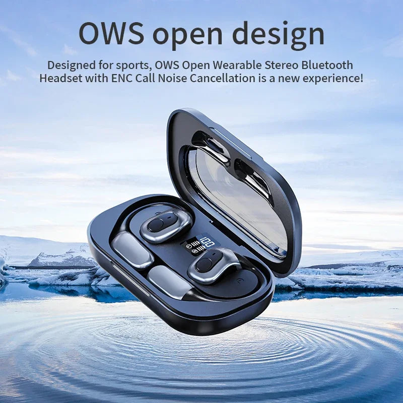 Open Ear Headphones Bluetooth 5.3 OWS Wireless Earphone Sport Earbuds with Premium Sound Dual-Mic Call Noise Reduction Headset