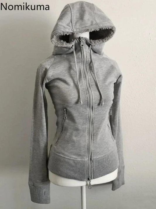 Grey Lamb Wool Double Zipper Hoodies Women's Clothes Slim Waist Hooded Vintage Y2k Coats Ropa Mujer Casual Fashion Sweatshirts