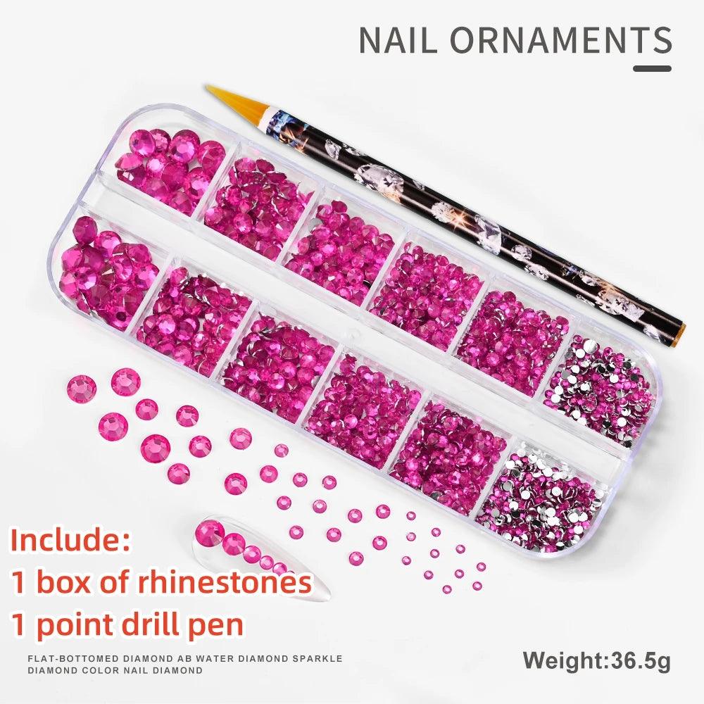 12Gird 3D Glass AB Crystal Nail Art Rhinestones Kit Flatback Round Bead Charm Gem Stones Jewelry Diamond with Tools for Nail Art