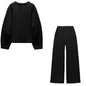 Elegant Solid Pants Sets 2 Pieces For Women O-neck Puff Sleeve Pleated Tops Wide Leg Trousers 2024 Autumn Lady Casual Outfit New