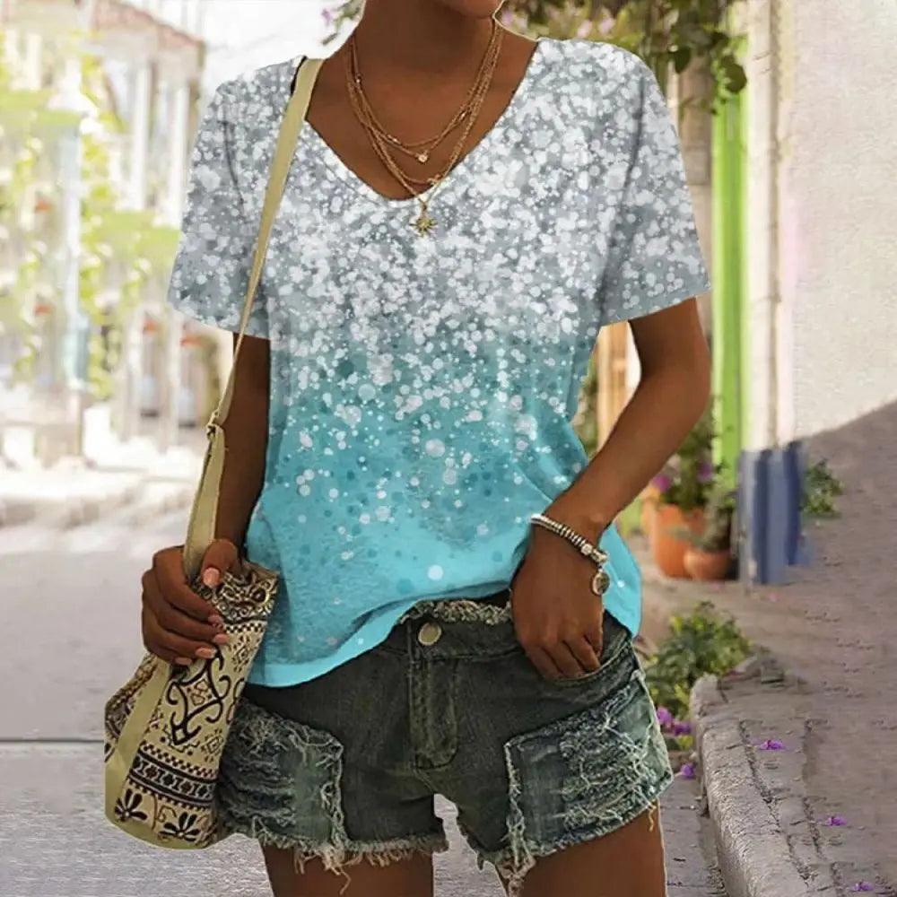 New Summer Breathable T-Shirt 3D Gold Glitter Sequin Printed V Neck Shirt Tops Women Street Luxury Oversized Tops Short Sleeve