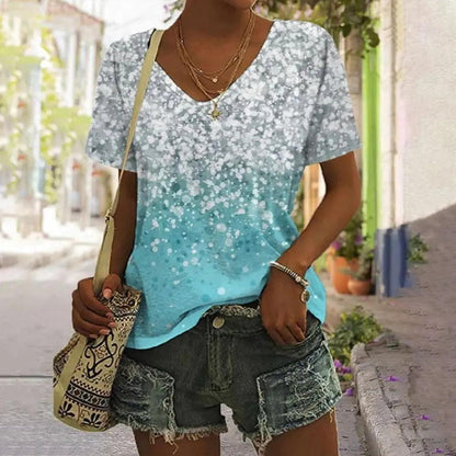 New Summer Breathable T-Shirt 3D Gold Glitter Sequin Printed V Neck Shirt Tops Women Street Luxury Oversized Tops Short Sleeve