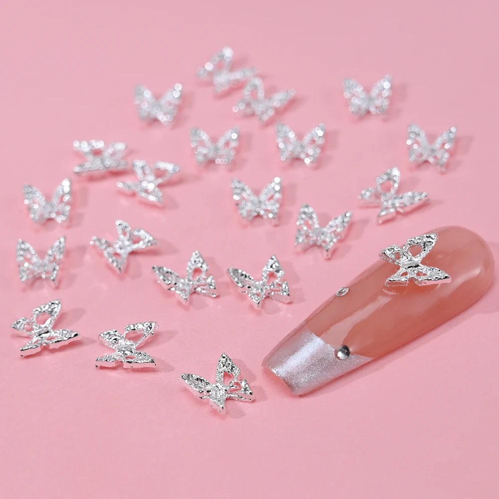 20Pcs Butterfly Nail Charms - Gold Silver Alloy Y2K 3D Hollow Butterfly Nail Rhinestones Shiny Jewelry for Nail Art Decorations