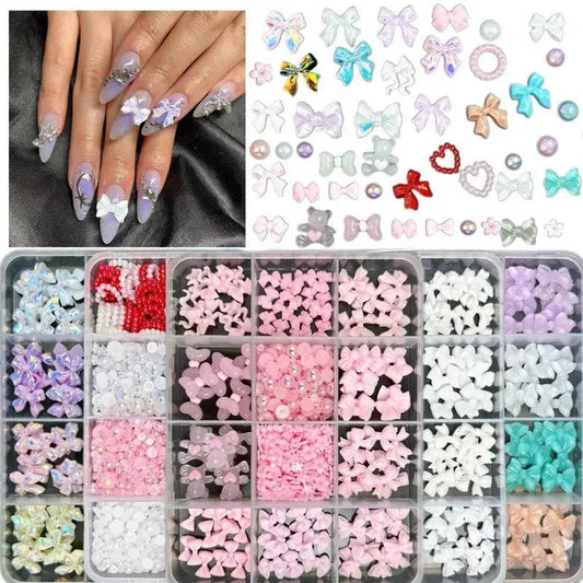 1Box Multiple Styles Colorful Resin Bows Nail Charms Pearl Heart Flatback Diamond Nail Art Decoration for DIY Manicure Crafts - HighGloss Shop