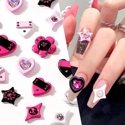 5pcs Pink Black Heart Star Flower 3D Nail Charms Y2K Style Inlaid Rhinestone Nail Jewelry Parts Nail Art Decoration