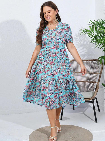 GIBSIE Plus Size Puff Sleeve Floral Print Chiffon Long Dress Women 2024 Summer Vacation Boho Beach Ruffle Hem A-Line Dresses