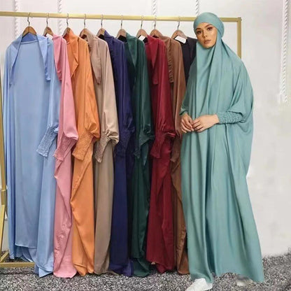 Ramadan Muslim Robe One Piece Cinch Sleeve Long Dress Prayer Hijab Dress Jilbab Women Hooded Abaya Niqab Islam Dubai Plain Robe