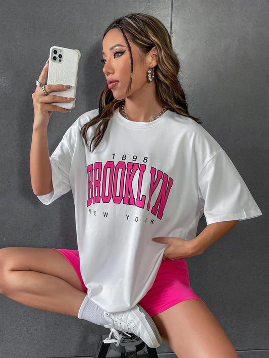 Women T Shirt 1898 Brooklyn York Letter Print Tops Tee Black T-shirt Female Summer T-shirt 90s Graphic Tee Female Cute Tops Tee