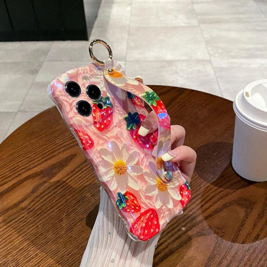 Luxury Laser Painting Flowers Wrist Strap Phone Case For Iphone 11 12 13 14 15 Pro Max 16 Plus Shockproof Hand Band Soft Cover