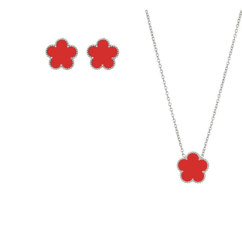 2pcs Double Sided Plant Flower Jewelry Set for Women Girls Trend Daily Wear Stainless Steel Clover Necklace Earrings Black White