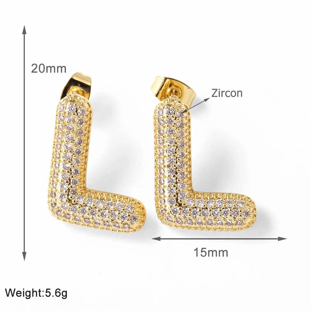 FLOLA Clear Crystal Bubble Letter Earrings for Women Copper Gold Plated Initial Ear Studs Name Jewelry Gifts ersa009