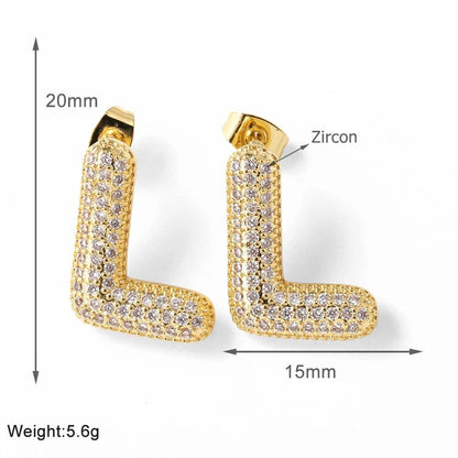 FLOLA Clear Crystal Bubble Letter Earrings for Women Copper Gold Plated Initial Ear Studs Name Jewelry Gifts ersa009