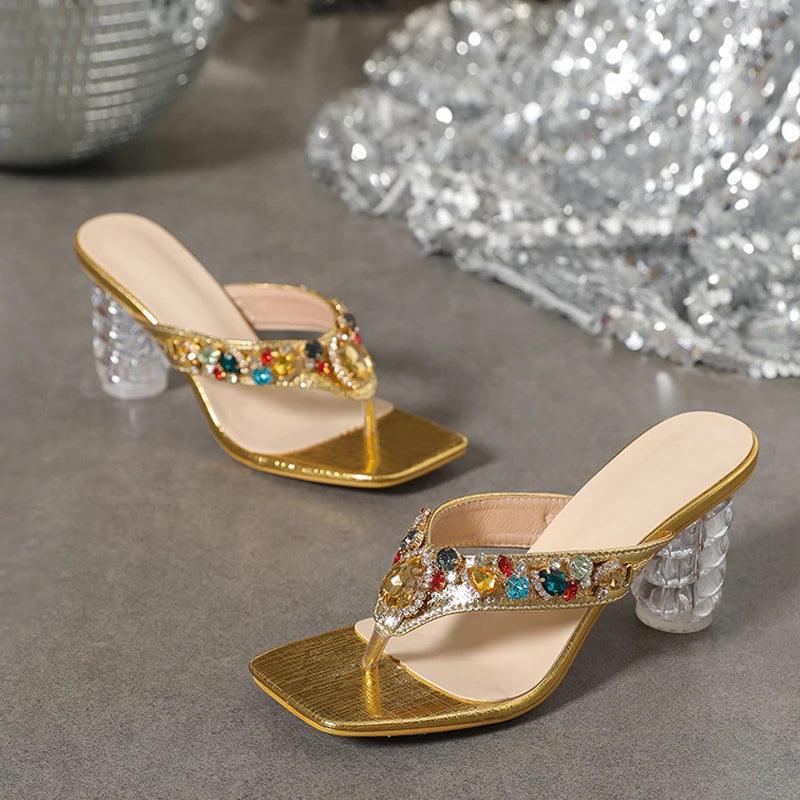 Liyke Fashion Colour Gem Rivet Women Slippers Sandals Transparent Strange Low Heels Slides Shoes Summer Beach Party Flip Flops