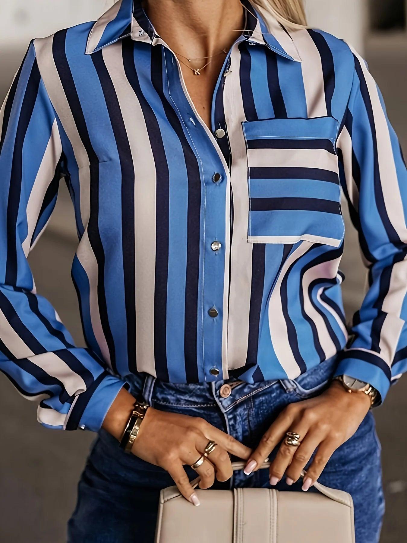 Plus Size Casual Blouse, Women's Plus Stripe Print Long Sleeve Button Up Lapel Collar Shirt Top