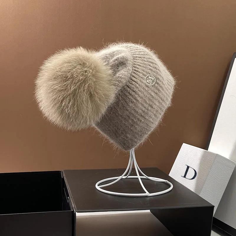 Real Fox Fur Pom Poms Hats for Women Winter Outdoor Warm Skullies Beanies Fashion M Letter Rabbit Knitted Thick Cap Christmas