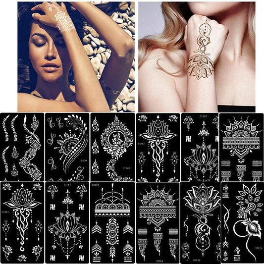 Heallor Indian Henna Hollow Temporary Tattoo Stencil Sticker Body Face Arm Hand Painting Tattoo Templates Sticker Tattoo Stencil