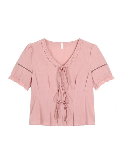 GIBSIE Plus Size French romantic pink v-neck pleat top Women's summer short puff sleeve tie front sweet ladies blouses