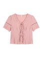 GIBSIE Plus Size French romantic pink v-neck pleat top Women's summer short puff sleeve tie front sweet ladies blouses