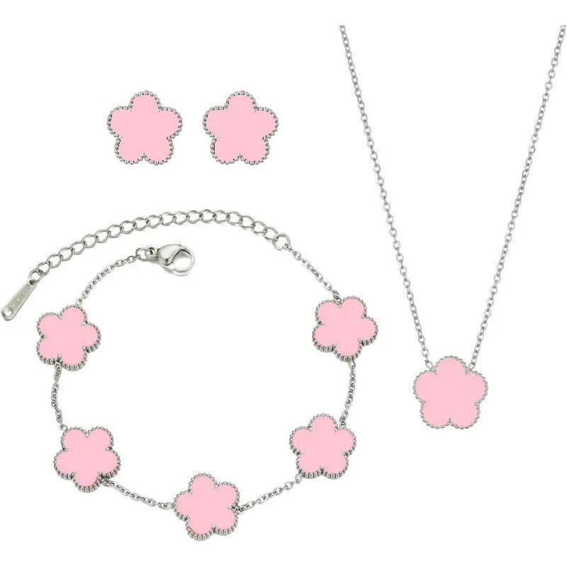 Double Sided Plant Flower Design Jewelry Set  for Women Girls Stainless Steel Elegant Clover Pendant Necklace Earrings Bracelet