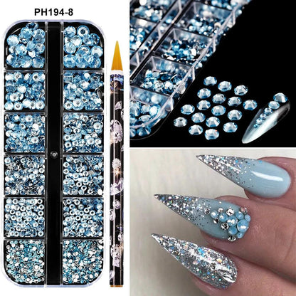 12Grids SS6-SS30 Mixed Nail Rhinestones Clear/Gold/AB Diamond Nail Gems  Flat-back Glass Stones Nail Charms with Wax Pen Picker