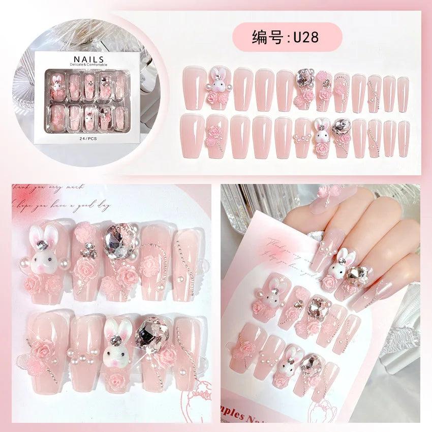 24Pcs Pink Full Diamond Press on Nail Tips Handmade 3D Design Rhinestones Full Cover False Long Coffin Nail Woman DIY Fake Nails