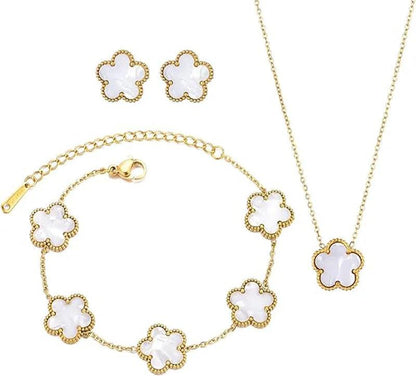 Double Sided Plant Flower Design Jewelry Set  for Women Girls Stainless Steel Elegant Clover Pendant Necklace Earrings Bracelet