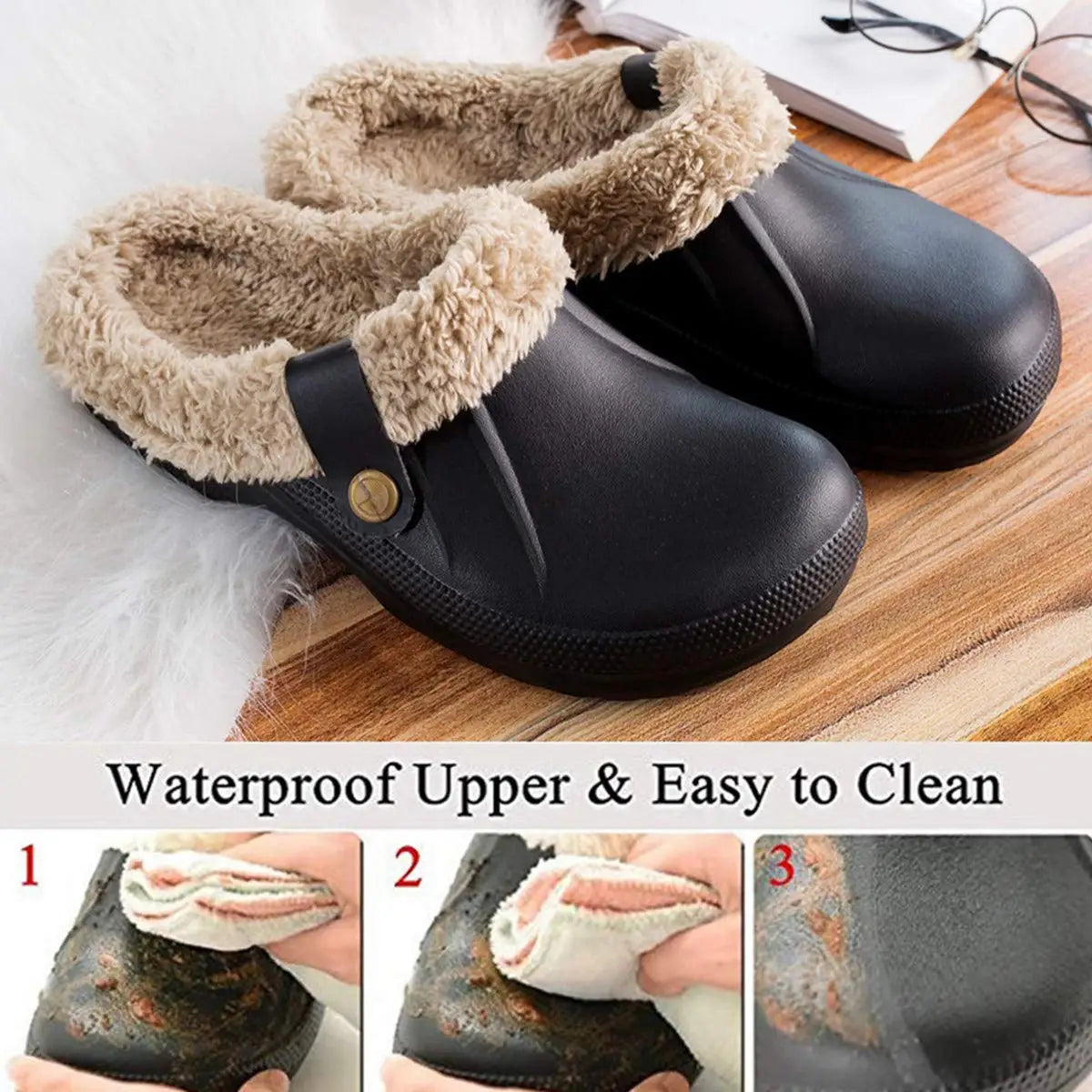 Bebealy Casual Women Garden Shoes Warm Fluffy Men Slippers Winter Waterproof Outdoor Antiskid Slippers Classic Leopard Slippers