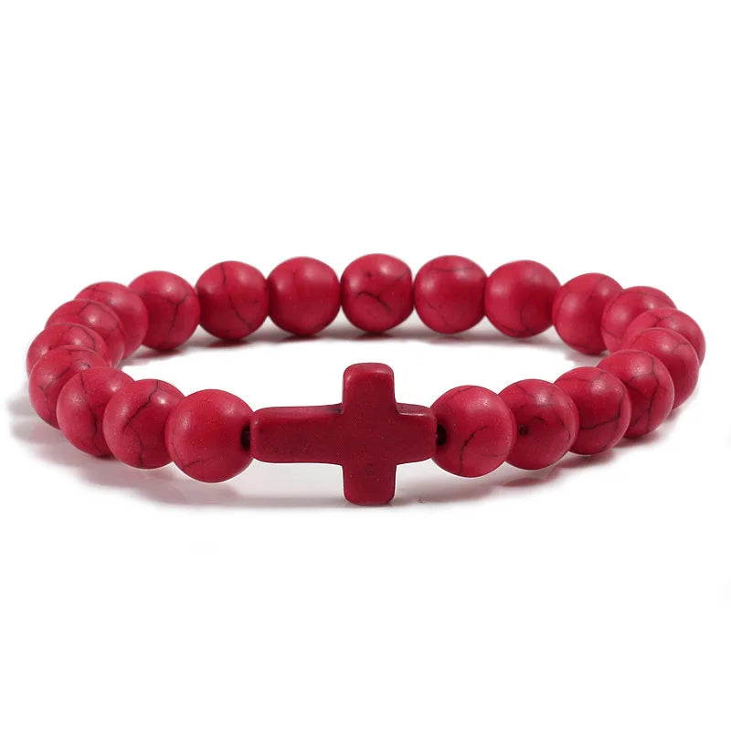 Men Natural Stone Bead Cross Bracelet Onyx Meditation Bracelet Women Yoga Jewelry Homme Pulser Lava Turquoise Beaded Bracelets