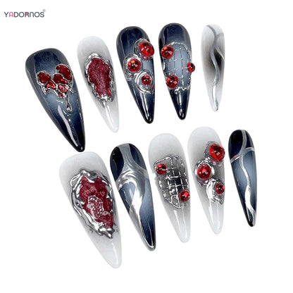 Long Stiletto Fake Nails Gothic Style Handmade Press on Nails Black Halloween False Nails Patches Women Party Charms Manicure