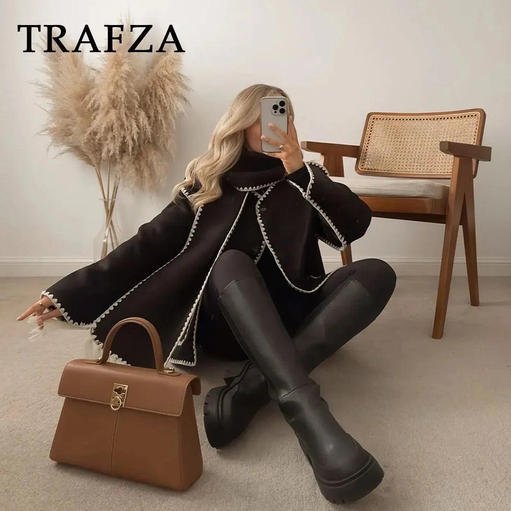 TRAFZA 2024 Women Autumn Winter Casual Zigzag Scarf Collar Jackets Fashion Loose Streetwear Elegant Demi-season Jacket For Women