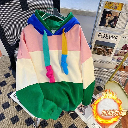 Stitching Contrasting Color Fashion Plus Fleece Hoodies Loose Casual Hooded Sweatshirt Women's Oversize Plus-size Hoodie