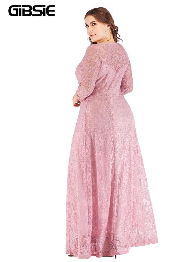 GIBSIE 6XL 5XL 4XL Plus Size Elegant Lace Dress Women O-Neck 3/4 Sleeve Long Maxi Dresses Ladies Prom Evening Party Dress