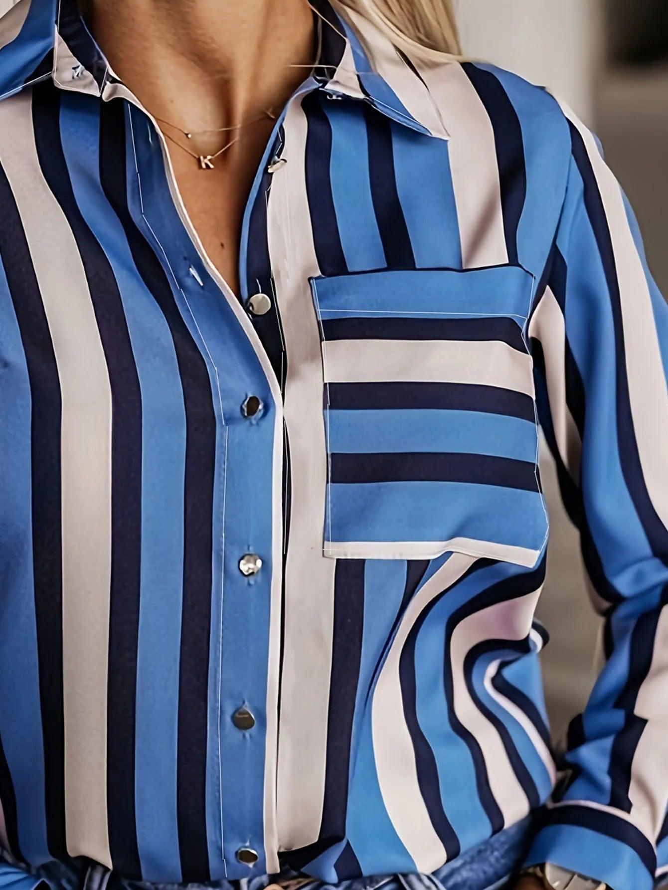 Plus Size Casual Blouse, Women's Plus Stripe Print Long Sleeve Button Up Lapel Collar Shirt Top