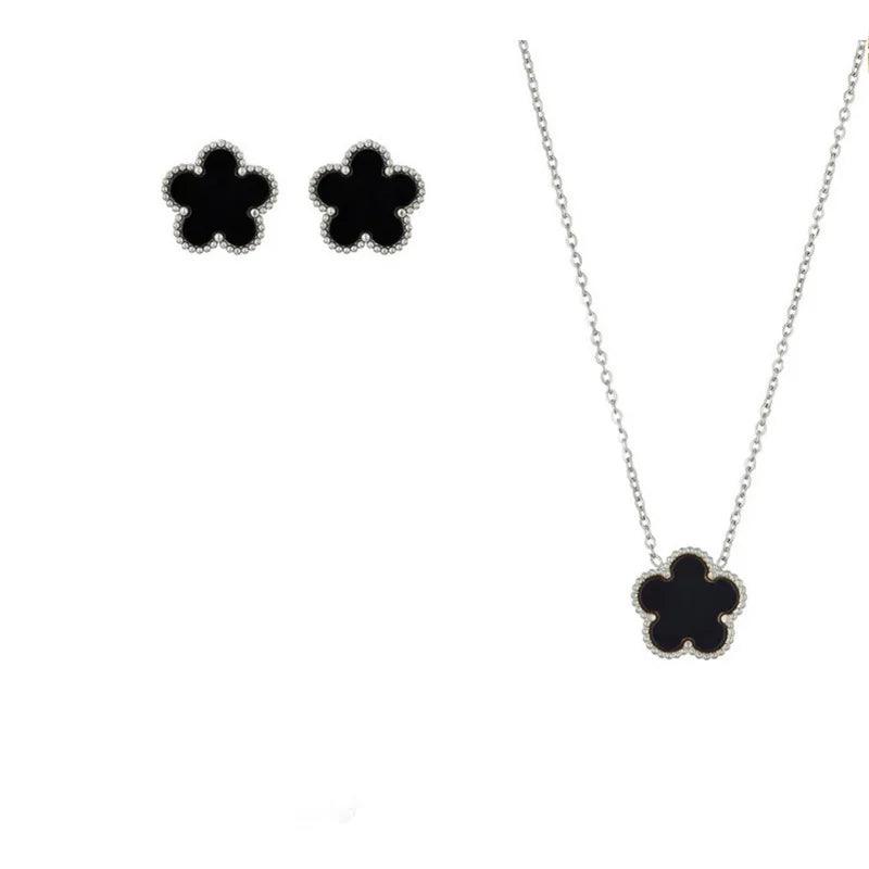 Double Sided Plant Flower Design Jewelry Set  for Women Girls Stainless Steel Elegant Clover Pendant Necklace Earrings Bracelet