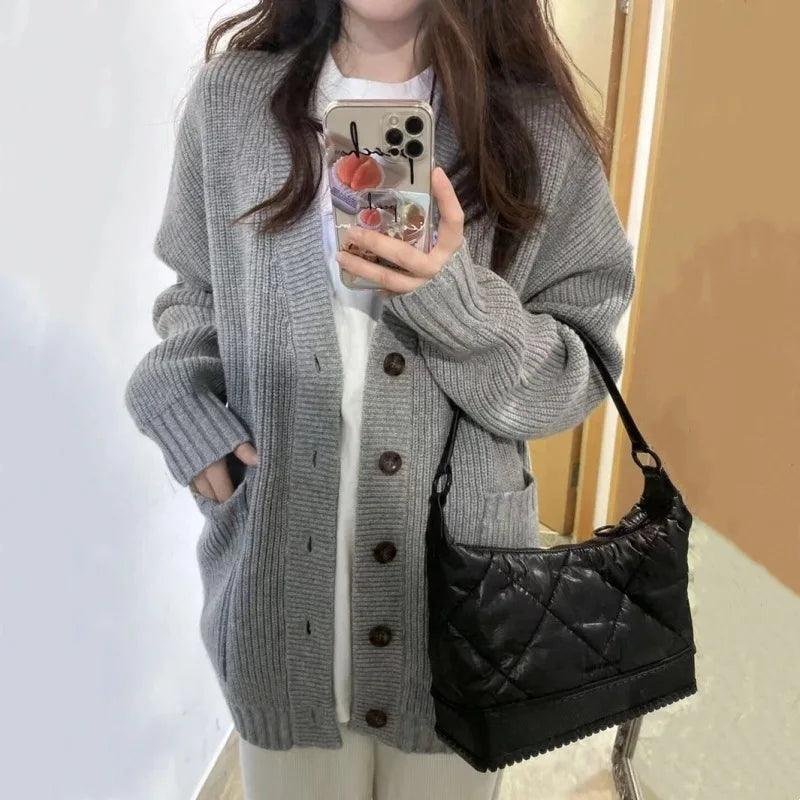 V-neck Single Breasted Sweater Cardigan Women's Coat Spring Autumn Korean Loose Knit Top Women Clothing